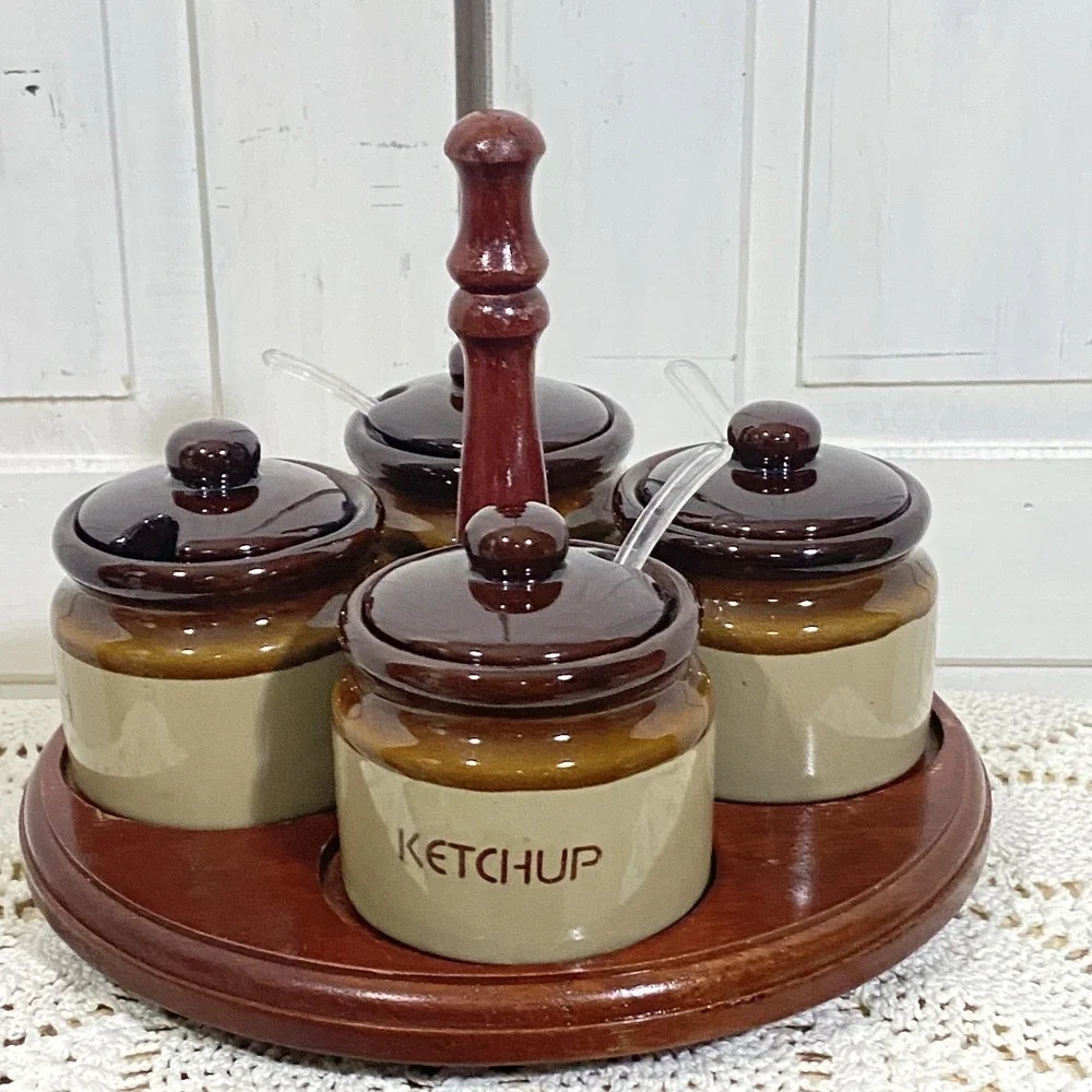 Vintage Stoneware Condiment Set w/4 Covered Labeled Jars & Spoons on Lazy Susan